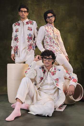 Shop Jorah Men Ivory Viscose, Dupion, Satin, Twill, Crepe Embroidered Jacket And Kurta Set Online at Aza Fashions Shop_Jorah Men_Ivory Viscose, Dupion, Satin, Twill, Crepe Embroidered Jacket And Kurta Set _Online_at_Aza_Fashions