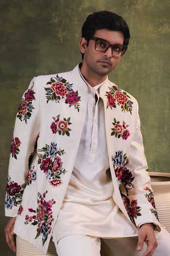 Jorah Men Ivory Viscose, Dupion, Satin, Twill, Crepe Embroidered Jacket And Kurta Set at Aza Fashions Jorah Men_Ivory Viscose, Dupion, Satin, Twill, Crepe Embroidered Jacket And Kurta Set _at_Aza_Fashions
