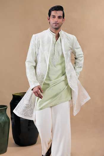Jorah Men Ivory Organza, Chanderi, Twill Embroidered Jacket And Kurta Set Online at Aza Fashions Jorah Men_Ivory Organza, Chanderi, Twill Embroidered Jacket And Kurta Set _Online_at_Aza_Fashions