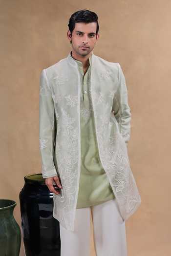 Shop Jorah Men Ivory Organza, Chanderi, Twill Embroidered Jacket And Kurta Set Shop_Jorah Men_Ivory Organza, Chanderi, Twill Embroidered Jacket And Kurta Set
