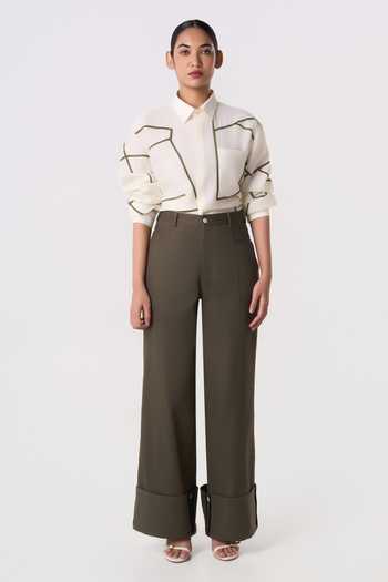 Line Out Line_Off White Chanderi Collared Neck Linear Drift Shirt _Online_at_Aza_Fashions