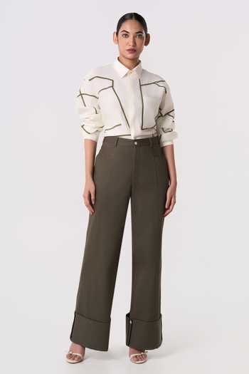 Buy_Line Out Line_Off White Chanderi Collared Neck Linear Drift Shirt _Online_at_Aza_Fashions