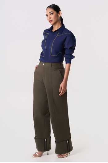 Line Out Line_Blue Chanderi Collared Neck Linear Drift Shirt _Online_at_Aza_Fashions