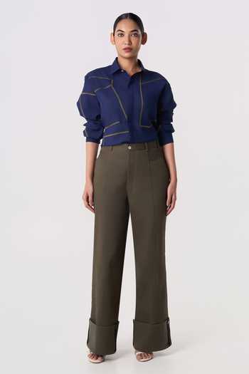 Buy_Line Out Line_Blue Chanderi Collared Neck Linear Drift Shirt _Online_at_Aza_Fashions