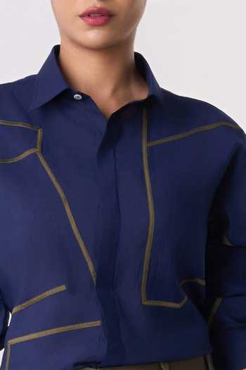 Shop_Line Out Line_Blue Chanderi Collared Neck Linear Drift Shirt _Online_at_Aza_Fashions