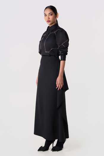 Line Out Line_Black Cotton Satin Collared Neck Bolt Outline Embroidered Shirt _Online_at_Aza_Fashions