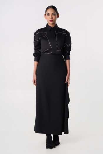 Buy_Line Out Line_Black Cotton Satin Collared Neck Bolt Outline Embroidered Shirt _Online_at_Aza_Fashions