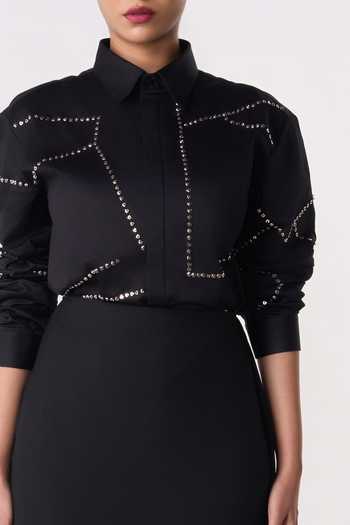 Shop_Line Out Line_Black Cotton Satin Collared Neck Bolt Outline Embroidered Shirt _Online_at_Aza_Fashions