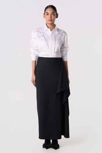 Line Out Line_White Cotton Satin Collared Neck Bolt Outline Shirt _Online_at_Aza_Fashions