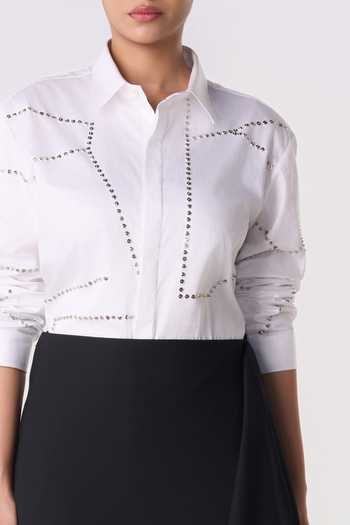 Buy_Line Out Line_White Cotton Satin Collared Neck Bolt Outline Shirt _Online_at_Aza_Fashions