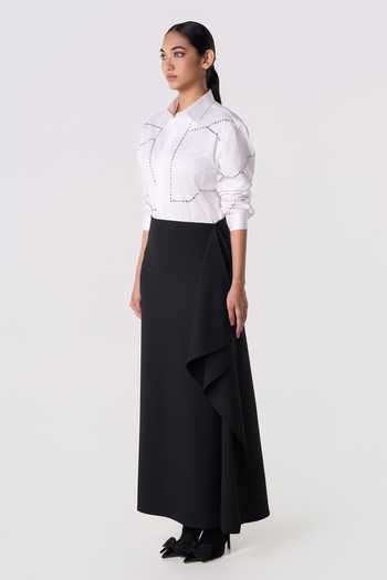Shop_Line Out Line_White Cotton Satin Collared Neck Bolt Outline Shirt _Online_at_Aza_Fashions