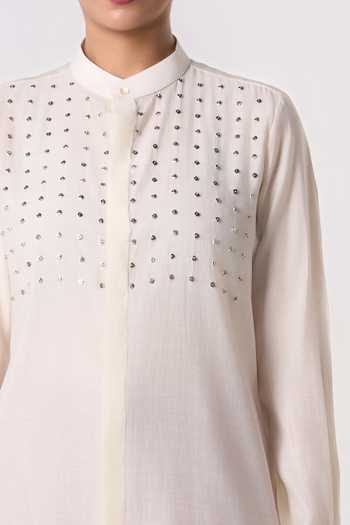 Shop Line Out Line Off White Chanderi Mandarin Collar Beaded Node Kurta Online at Aza Fashions Shop_Line Out Line_Off White Chanderi Mandarin Collar Beaded Node Kurta _Online_at_Aza_Fashions