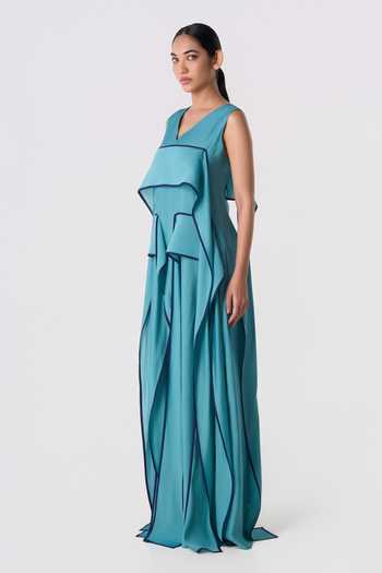 Line Out Line_Blue Chanderi V-neck Cascading Outline Dress _Online_at_Aza_Fashions