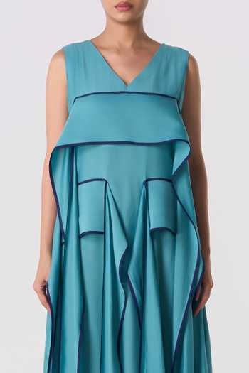 Buy_Line Out Line_Blue Chanderi V-neck Cascading Outline Dress _Online_at_Aza_Fashions