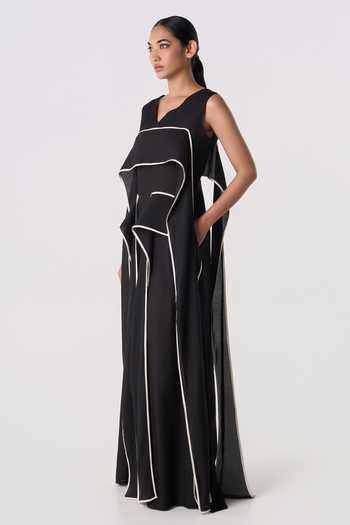 Line Out Line_Black Chanderi V-neck Cascading Outline Dress _Online_at_Aza_Fashions