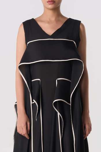 Buy_Line Out Line_Black Chanderi V-neck Cascading Outline Dress _Online_at_Aza_Fashions
