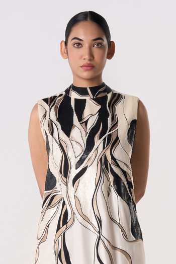 Shop_Line Out Line_Black Chanderi Round , High Maverick Drift Dress _Online_at_Aza_Fashions