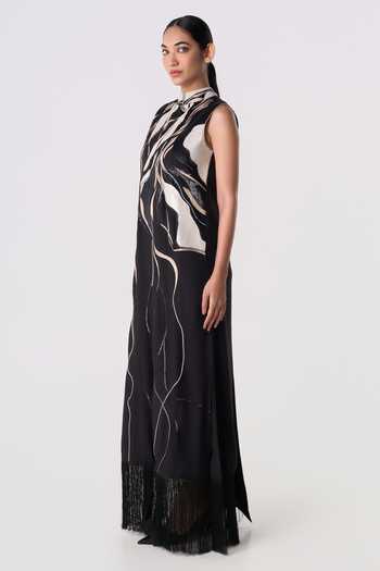 Line Out Line_Black Chanderi High Neck Maverick Drift Dress _Online_at_Aza_Fashions