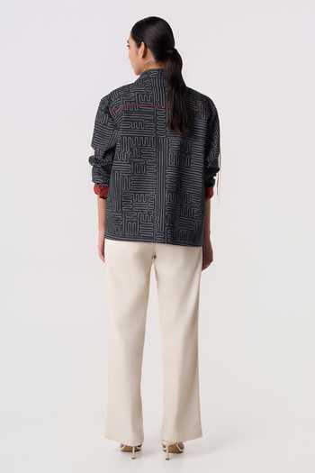 Line Out Line_Black Cotton, Linen Collared Neck Monograph Blaze Shacket _Online_at_Aza_Fashions