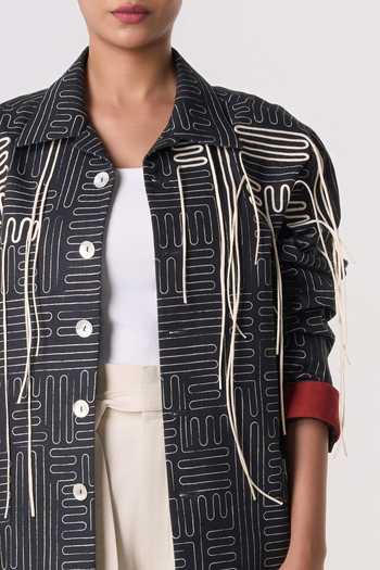 Buy_Line Out Line_Black Cotton, Linen Collared Neck Monograph Blaze Shacket _Online_at_Aza_Fashions