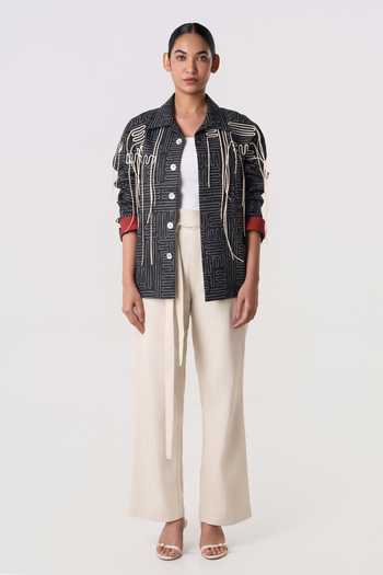 Shop_Line Out Line_Black Cotton, Linen Collared Neck Monograph Blaze Shacket _Online_at_Aza_Fashions