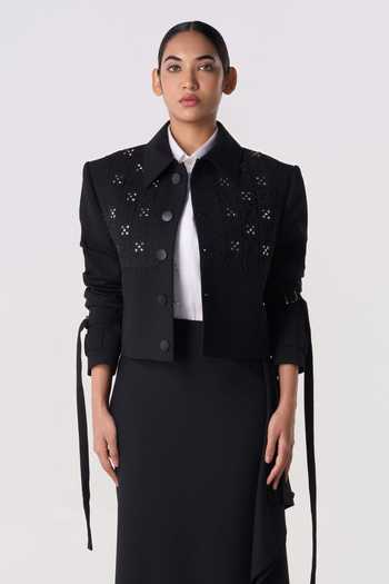 Line Out Line Black Cotton, Linen Collared Neck Studded Grid Cropped Jacket Online at Aza Fashions Line Out Line_Black Cotton, Linen Collared Neck Studded Grid Cropped Jacket _Online_at_Aza_Fashions