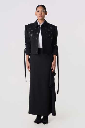Shop Line Out Line Black Cotton, Linen Collared Neck Studded Grid Cropped Jacket Online at Aza Fashions Shop_Line Out Line_Black Cotton, Linen Collared Neck Studded Grid Cropped Jacket _Online_at_Aza_Fashions