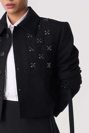 Line Out Line Black Cotton, Linen Collared Neck Studded Grid Cropped Jacket at Aza Fashions Line Out Line_Black Cotton, Linen Collared Neck Studded Grid Cropped Jacket _at_Aza_Fashions