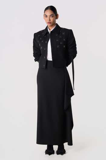 Buy Line Out Line Black Cotton, Linen Collared Neck Studded Grid Cropped Jacket Buy_Line Out Line_Black Cotton, Linen Collared Neck Studded Grid Cropped Jacket