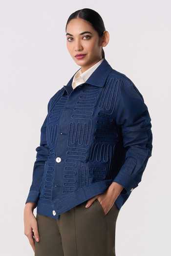Buy Line Out Line Blue Cotton, Denim Collared Neck Maze-dori Utility Shacket Online at Aza Fashions Buy_Line Out Line_Blue Cotton, Denim Collared Neck Maze-dori Utility Shacket _Online_at_Aza_Fashions