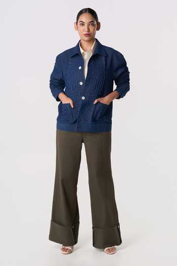 Line Out Line Blue Cotton, Denim Collared Neck Maze-dori Utility Shacket at Aza Fashions Line Out Line_Blue Cotton, Denim Collared Neck Maze-dori Utility Shacket _at_Aza_Fashions