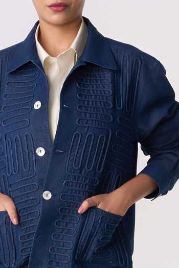 Buy Line Out Line Blue Cotton, Denim Collared Neck Maze-dori Utility Shacket Buy_Line Out Line_Blue Cotton, Denim Collared Neck Maze-dori Utility Shacket