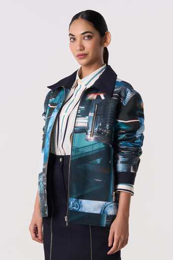 Line Out Line_Blue Canvas, Suiting Collared Neck Archive Print Shacket _Online_at_Aza_Fashions