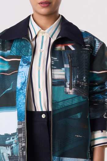 Buy_Line Out Line_Blue Canvas, Suiting Collared Neck Archive Print Shacket _Online_at_Aza_Fashions