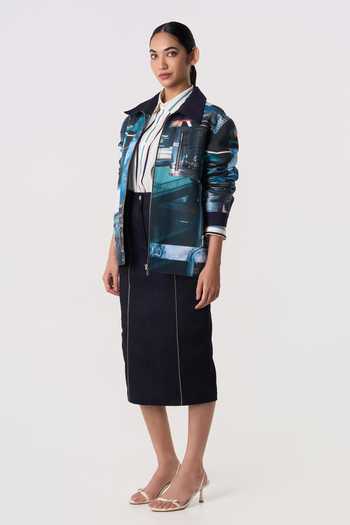 Shop_Line Out Line_Blue Canvas, Suiting Collared Neck Archive Print Shacket _Online_at_Aza_Fashions
