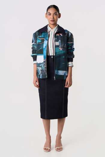 Line Out Line_Blue Canvas, Suiting Collared Neck Archive Print Shacket _at_Aza_Fashions