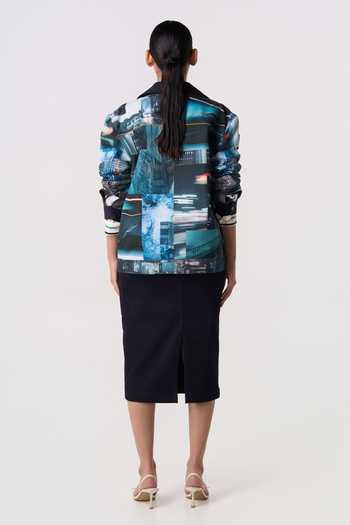 Buy_Line Out Line_Blue Canvas, Suiting Collared Neck Archive Print Shacket 