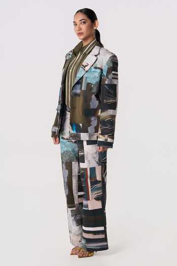 Line Out Line_Olive Green Canvas Collared Neck Manifesto Printed Blazer _Online_at_Aza_Fashions