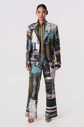 Buy_Line Out Line_Olive Green Canvas Collared Neck Manifesto Printed Blazer _Online_at_Aza_Fashions