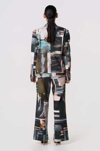 Shop_Line Out Line_Olive Green Canvas Collared Neck Manifesto Printed Blazer _Online_at_Aza_Fashions