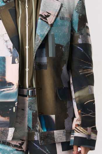 Line Out Line_Olive Green Canvas Collared Neck Manifesto Printed Blazer _at_Aza_Fashions