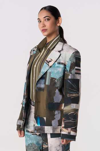 Buy_Line Out Line_Olive Green Canvas Collared Neck Manifesto Printed Blazer 