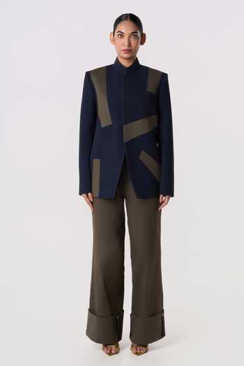 Line Out Line_Blue Suiting, Twill Cadet Panel Blazer _Online_at_Aza_Fashions