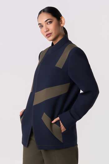 Shop_Line Out Line_Blue Suiting, Twill Cadet Panel Blazer _Online_at_Aza_Fashions