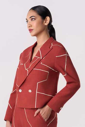 Line Out Line_Orange Linen Gridbreak Cropped Blazer _Online_at_Aza_Fashions