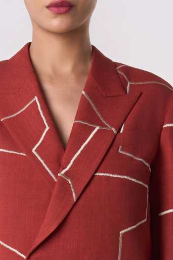Buy_Line Out Line_Orange Linen Gridbreak Cropped Blazer _Online_at_Aza_Fashions