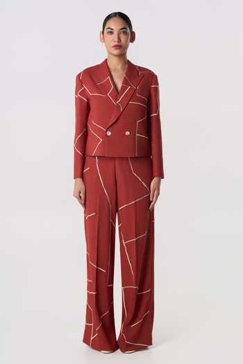 Shop_Line Out Line_Orange Linen Gridbreak Cropped Blazer _Online_at_Aza_Fashions