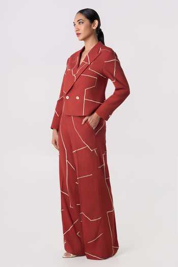Line Out Line_Orange Linen Gridbreak Cropped Blazer _at_Aza_Fashions