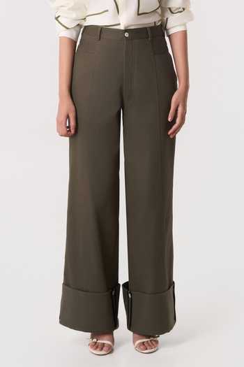 Line Out Line_Olive Green Twill Mosaic Belt Cuffed Pant _Online_at_Aza_Fashions