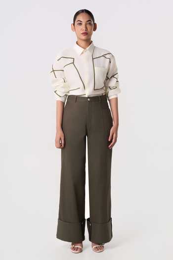 Buy_Line Out Line_Olive Green Twill Mosaic Belt Cuffed Pant _Online_at_Aza_Fashions